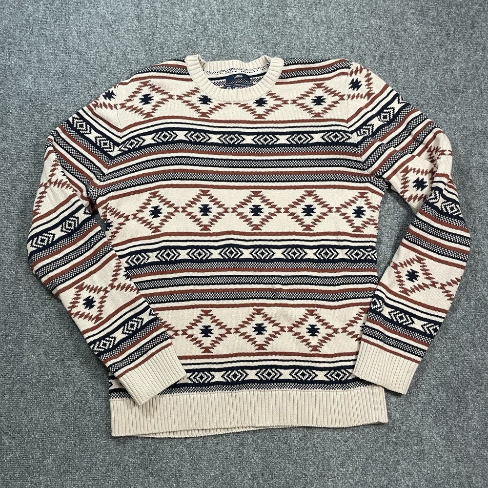 American RagSweater Mens Large Aztec Tribal Knit Sweater Pullover Cotton Ribbed